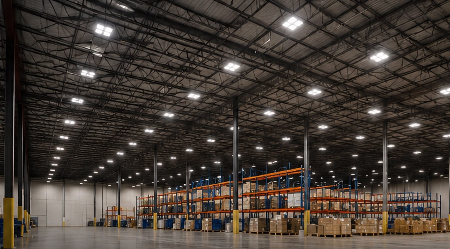 LED high bay fixtures lighting a warehouse