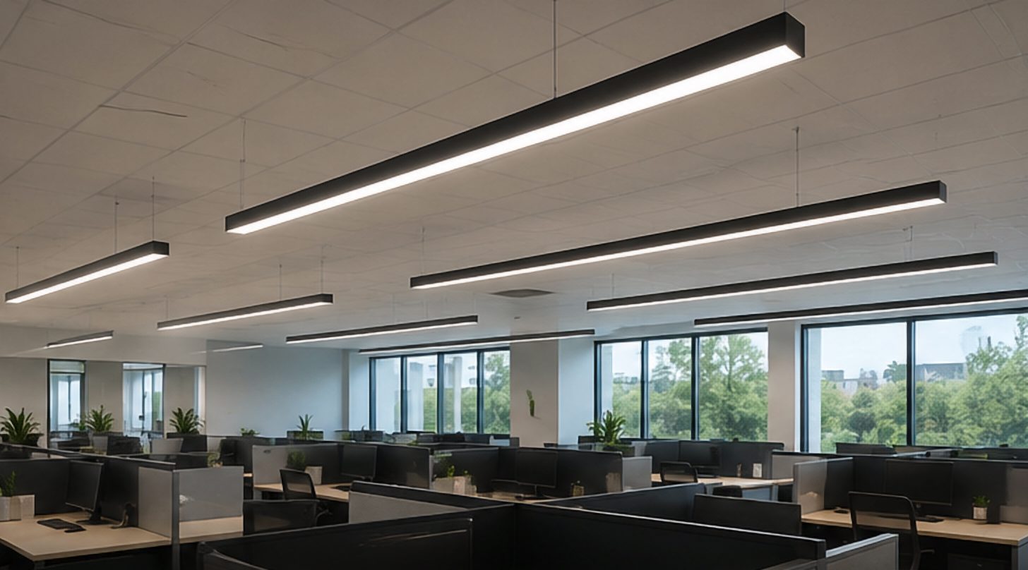 Linear LED fixtures over an open office