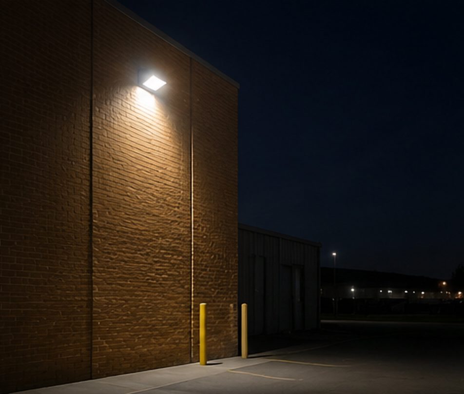 LED flood light on a building exterior at night