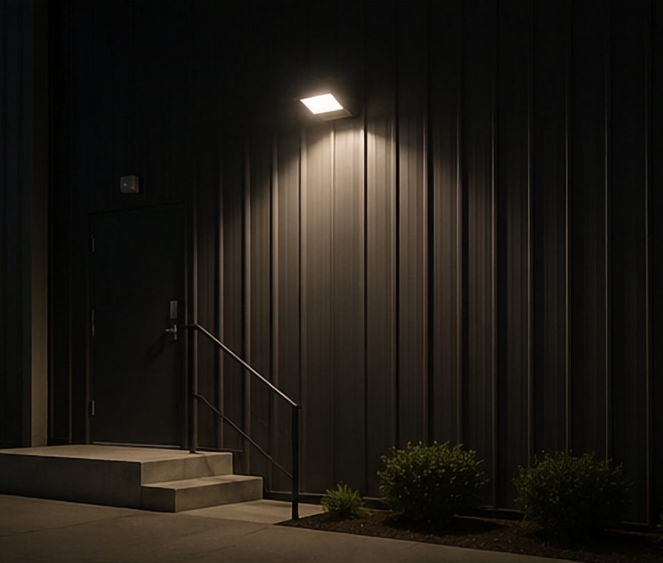 LED wall pack over a building entrance